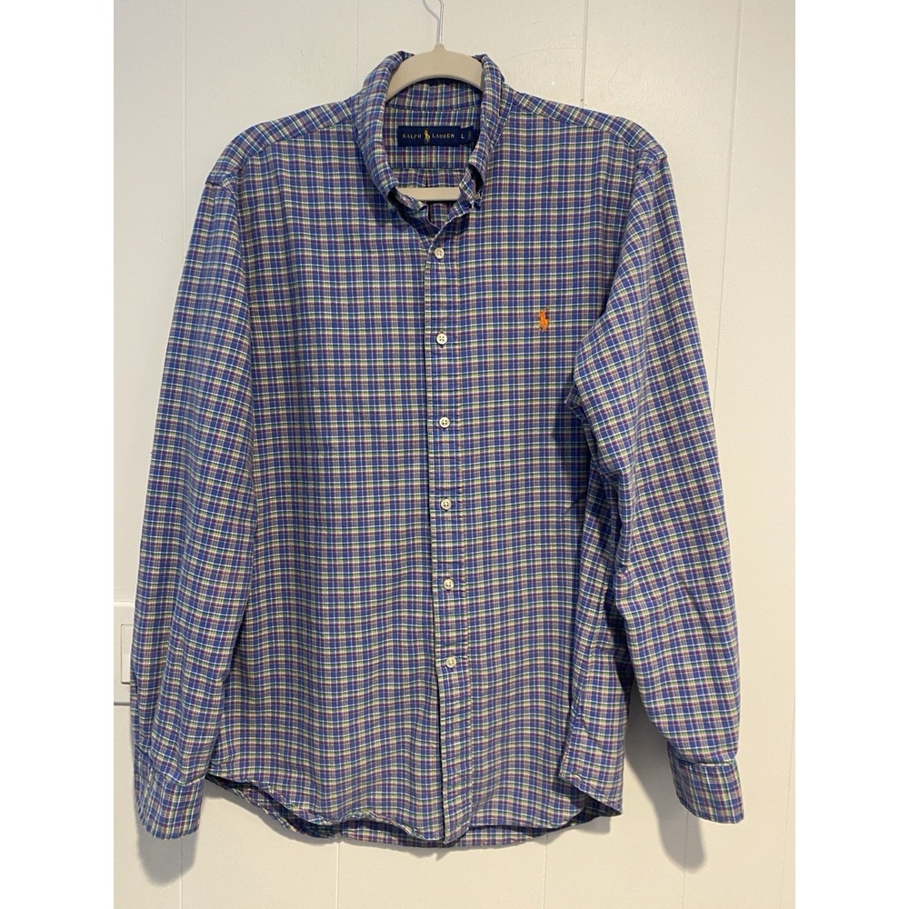 Polo Ralph Lauren Classic Fit 100% Cotton Blue Plaid Button Down Mens Size‎ L